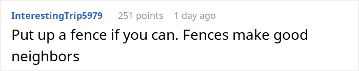 Screenshot of a forum comment advising to put up a fence to improve neighbor relations and prevent driveway disputes.