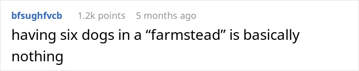 Text comment about having six dogs in a farmstead, highlighting concerns over dogs in the house and potential CPS calls.