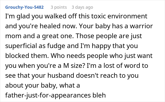 Screenshot of an online comment about a woman healing after learning her husband&rsquo;s true thoughts on her body size.