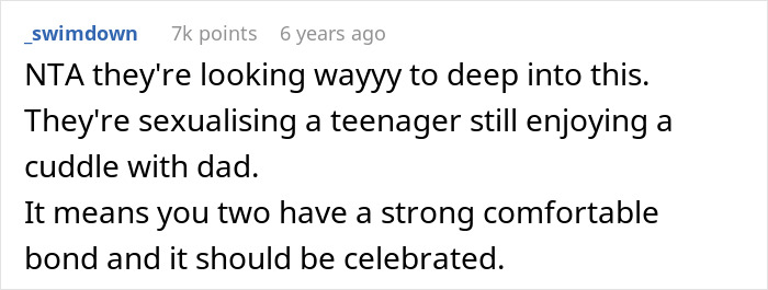 Screenshot of a Reddit comment defending a 15-year-old cuddling with dad, criticizing in-laws for crossing limits.