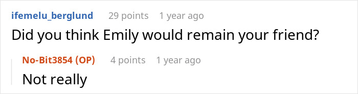 Screenshot of a Reddit conversation about a woman who can&rsquo;t hold her friend&rsquo;s heavy secret before the wedding.