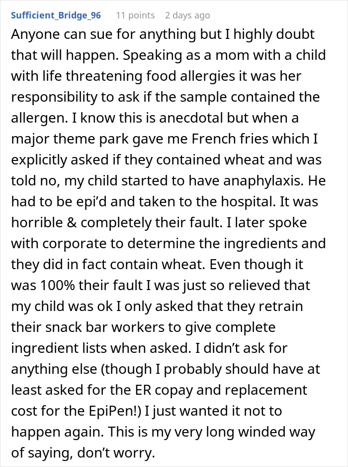 Child with nut allergy grabs sample, worker blamed for giving allergen causing serious reaction and hospital visit. Child with nut allergy grabs sample, worker blamed for giving allergen causing serious reaction and hospital visit.