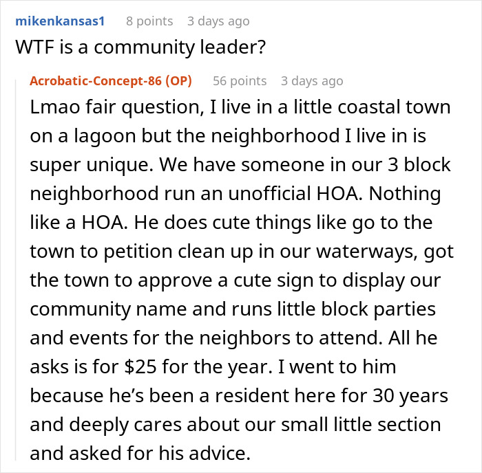 Reddit conversation where a user describes a unique neighborhood and a community leader organizing local events and petitions.