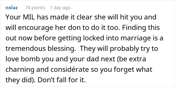 Comment warning about mother-in-law encouraging abuse, advising caution before marriage and to avoid falling for love bombing.