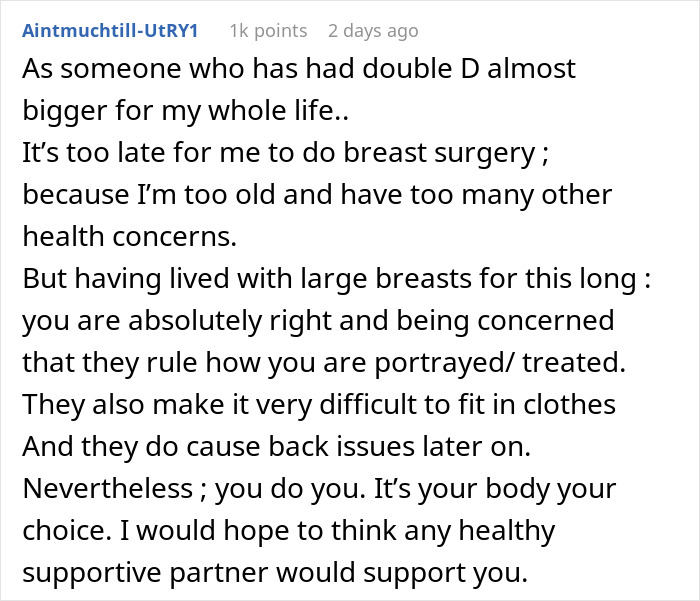 Commenter shares personal experience with large breasts, discussing health concerns and support for breast reduction choices.