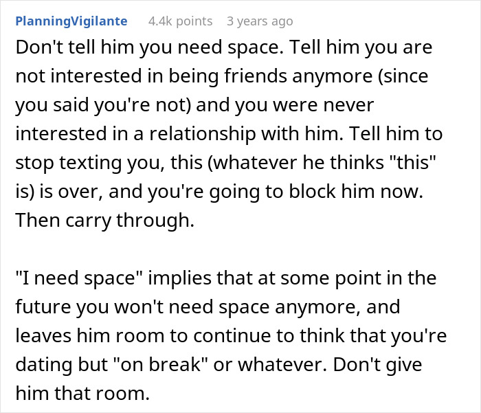 Text advice on handling unwanted relationship expectations, focusing on setting clear boundaries after one date.