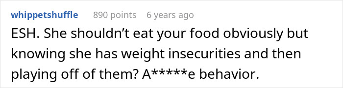 Reddit comment discussing drama over woman&rsquo;s brother&rsquo;s girlfriend eating food, mentioning weight insecurities and rude behavior.