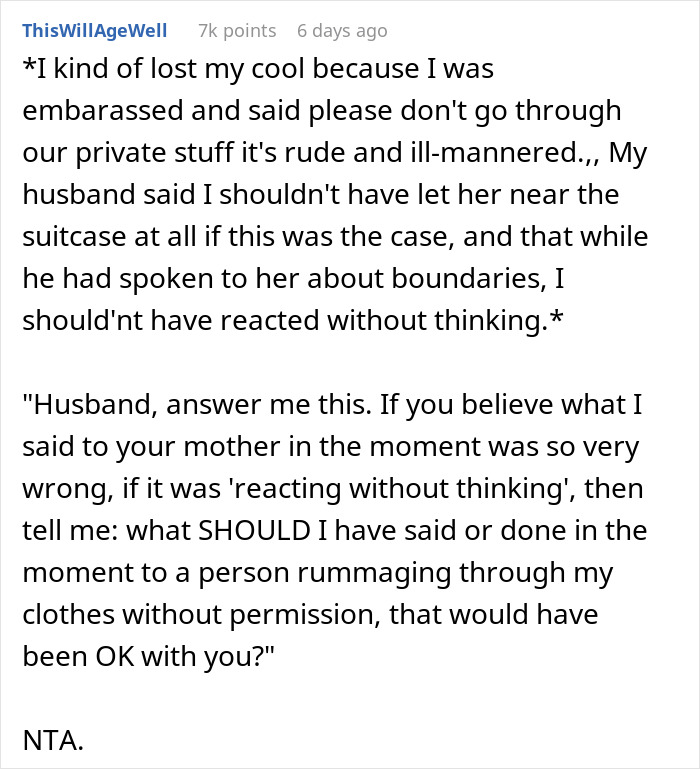 Text post discussing a personal encounter involving boundaries and a suitcase with a mention of a bikini, highlighting mil criticizing.