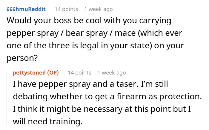 Reddit conversation discussing carrying pepper spray and taser for protection against stalker customer who found home.