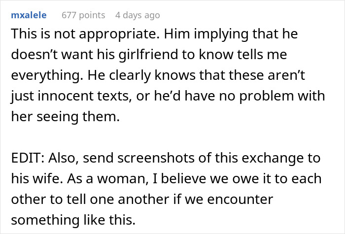 Comment discussing inappropriate messaging behavior after boyfriend died, focusing on honesty and sharing with his wife.