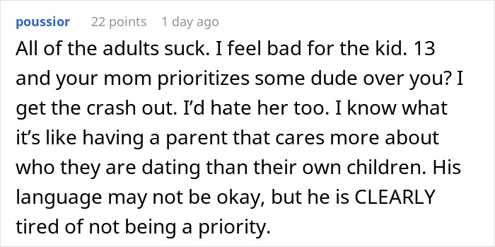 Comment discussing a man walking out as his girlfriend&rsquo;s son has a meltdown about mountain biking early in the morning.