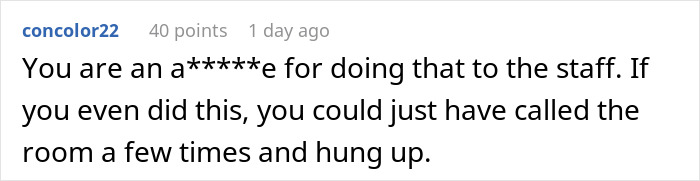 Screenshot of a user comment criticizing hotel guests for disturbing neighbors and suggesting calling the room instead. Screenshot of a user comment criticizing hotel guests for disturbing neighbors and suggesting calling the room instead.