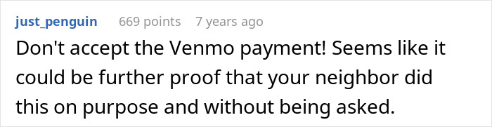 Comment on a screen showing a warning about a neighbor cutting down white oak trees without permission leading to a $190K settlement.
