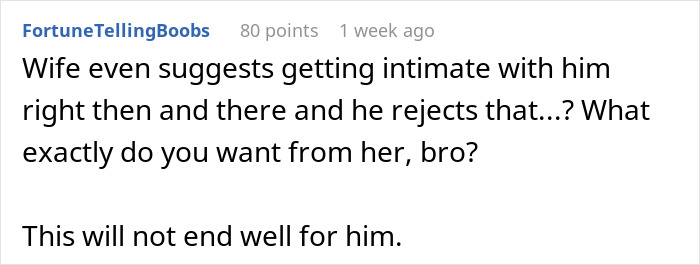 Comment about husband asking wife to change intimacy boundaries, predicting possible divorce outcomes.