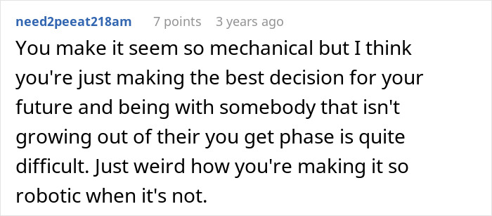 Screenshot of a Reddit comment discussing a man&rsquo;s robotically calculated decision to choose a wife for brains over heart.