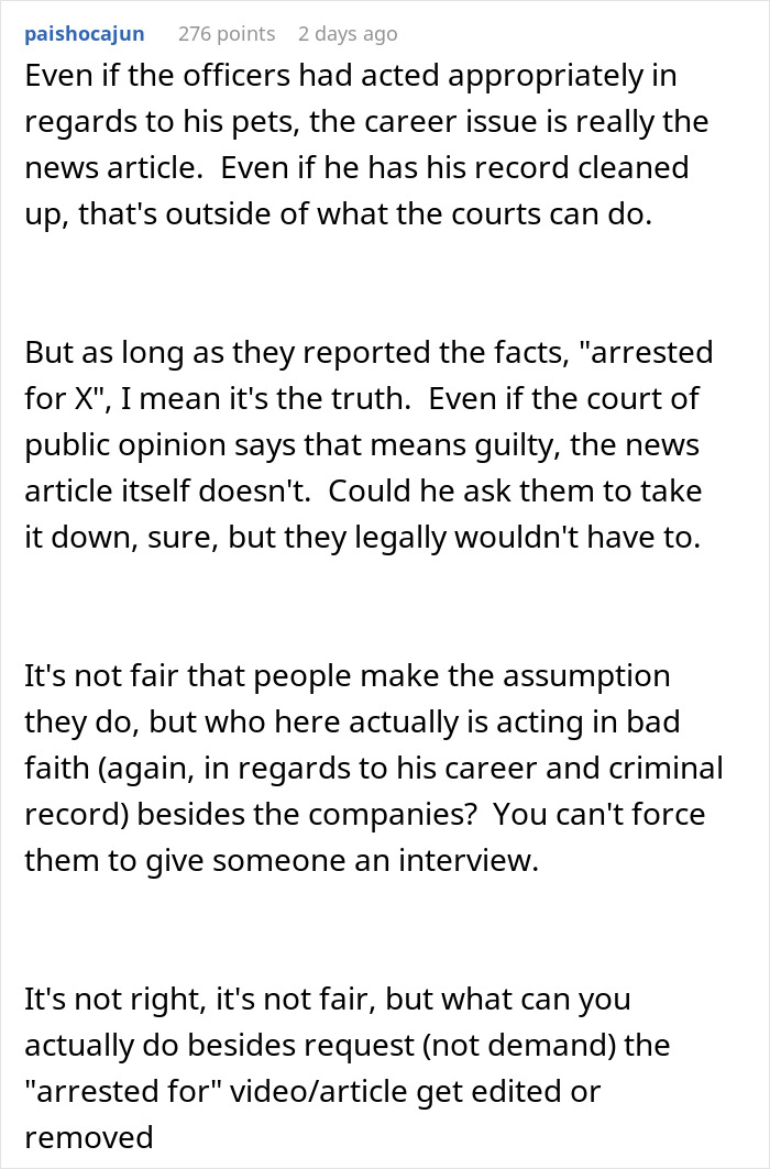 Screenshot of a Reddit comment discussing consequences faced by a man proven not guilty of a crime.