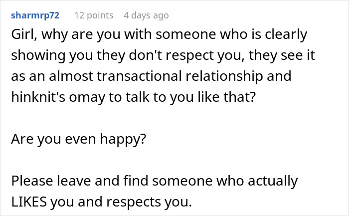 Comment discussing respect and red flags in a relationship where the man starts earning more than his girlfriend.