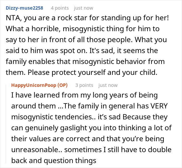 Comments discussing a lady standing up for cousin's wife against rude hubby and family&rsquo;s misogynistic behavior.