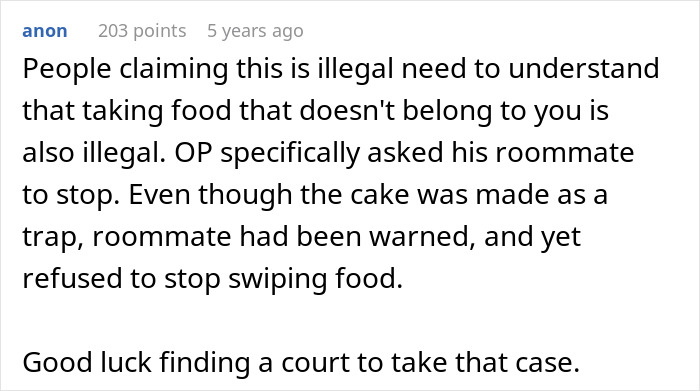 Screenshot of a forum comment discussing a roommate stealing leftovers and a habanero cake prank lesson.