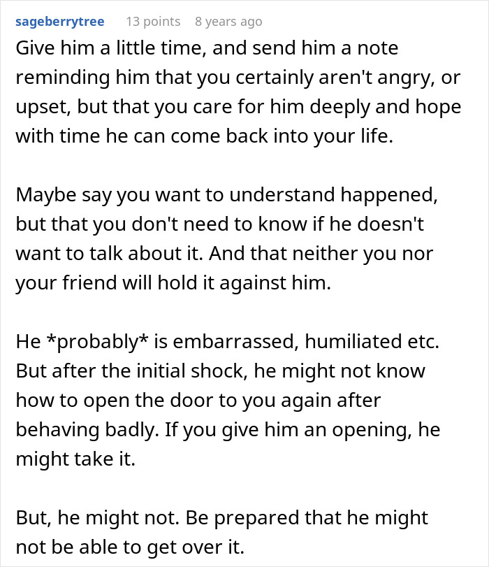Text message conversation offering advice about understanding and reconnecting with someone after a failed date involving a widow and single mom.