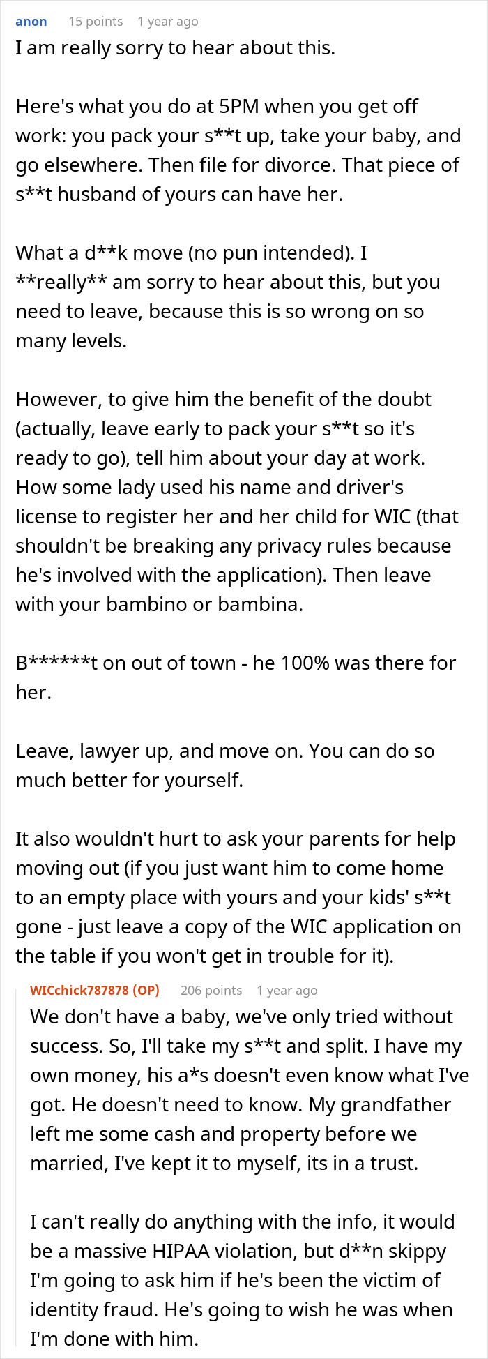 Woman finds out about husband's affair baby while setting up WIC profile at work in a text conversation screenshot.