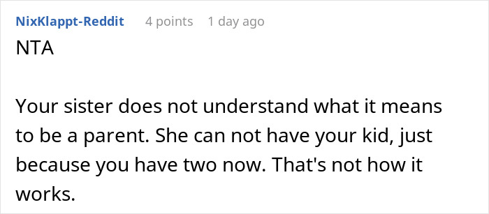 Reddit comment discussing a mother wanting her baby back after giving it up with no return policy.