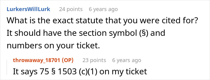 Screenshot of an online discussion about a curfew violation ticket citing statute 75 &sect; 1503 (c)(1).
