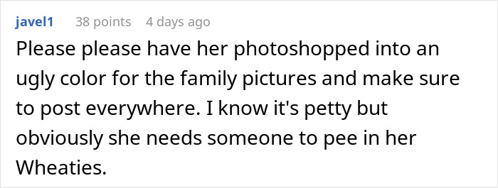 Screenshot of a social media comment discussing a woman pretending to be the bride at her sister-in-law&rsquo;s wedding.
