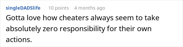 Screenshot of online comment about cheaters avoiding responsibility, related to a woman's world crumbling after husband's dark secret revealed.