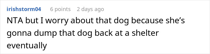 Comment text about woman adopting dog with behavior issues and concerns about returning dog to shelter. Comment text about woman adopting dog with behavior issues and concerns about returning dog to shelter.