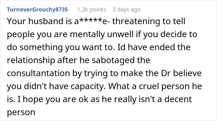 Screenshot of a Reddit comment discussing a husband&rsquo;s ultimatum over plastic surgery and relationship sabotage concerns.