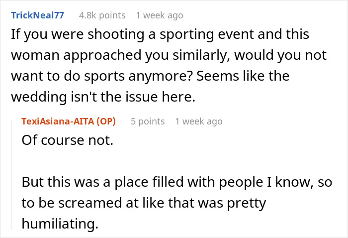 Discussion about a school project crashing a wedding after bride&rsquo;s sister confronts photographer for university photos.