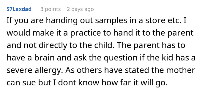 Screenshot of a comment discussing nut allergy precautions when handing out food samples to children in stores. Screenshot of a comment discussing nut allergy precautions when handing out food samples to children in stores.