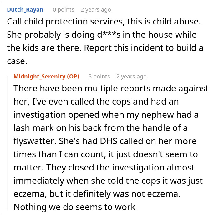 Online comments discussing child protection concerns after a sister threatens to call cops over kids brought home.