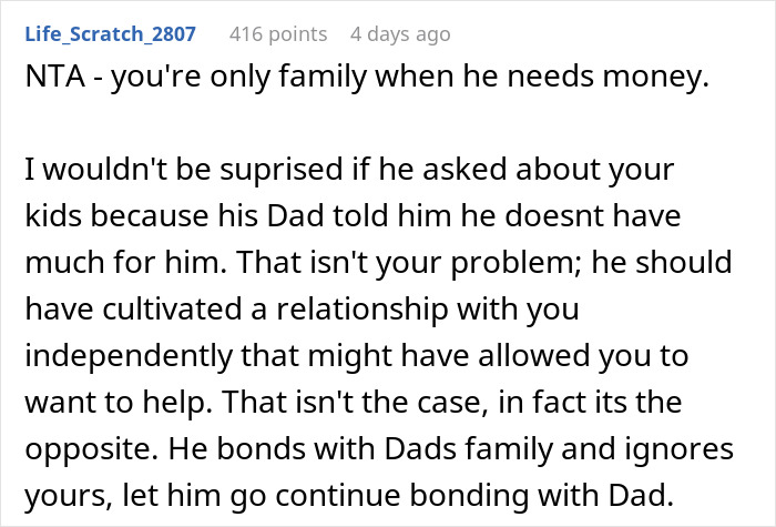 Reddit user commenting on family and stepson pleas to contribute to college fund in a text-based discussion.