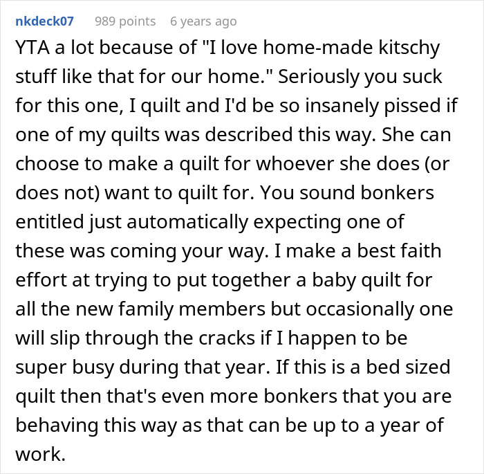 Online discussion about a childfree woman upset that MIL refuses to make her a family quilt, sparking debate and reality check. Online discussion about a childfree woman upset that MIL refuses to make her a family quilt, sparking debate and reality check.