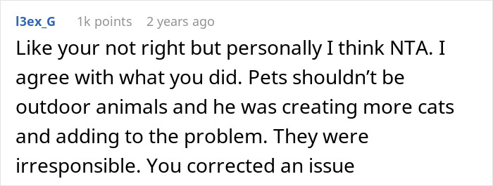 Reddit comment supporting neutering cat owners drama, emphasizing pet responsibility and preventing overpopulation.