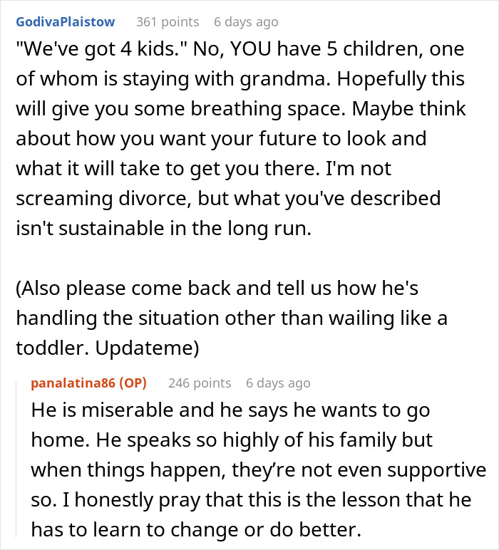 Comments discussing a man expecting his wife to rescue him after missing his flight, receiving a life lesson instead.