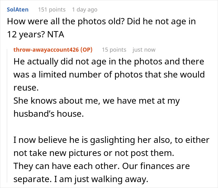User comments discussing breaking up over photograph issues and concerns about outdated pictures and possible gaslighting.