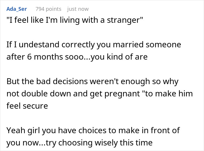 Screenshot of an online comment discussing a husband's loyalty test by posing as pregnant wife messaging her ex.