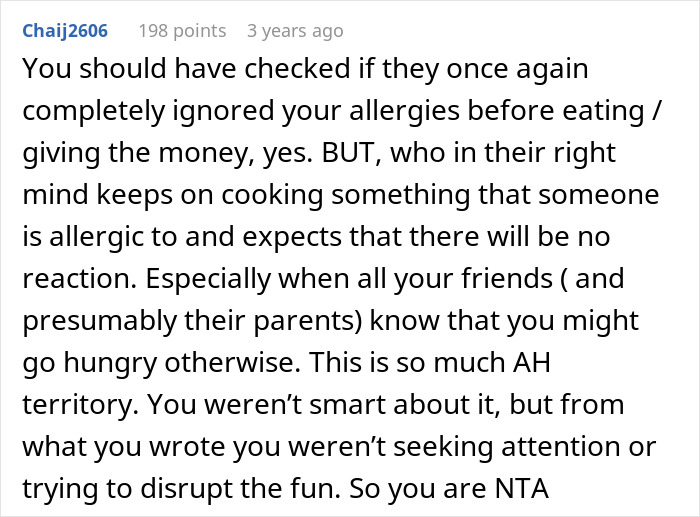 Comment discussing a teen suffering allergic reaction at a friend’s house and being told not to eat there again. Comment discussing a teen suffering allergic reaction at a friend’s house and being told not to eat there again.