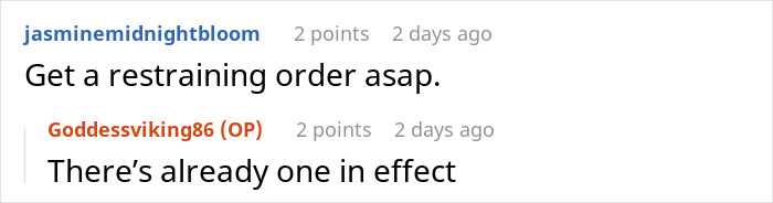 Screenshot of a Reddit conversation about entitled neighbors blocking driveway and advice on getting a restraining order.