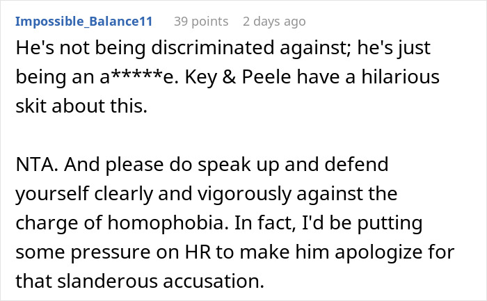 Forum comment discussing a gay man finding the men's restroom unsafe and a female colleague being fed up.