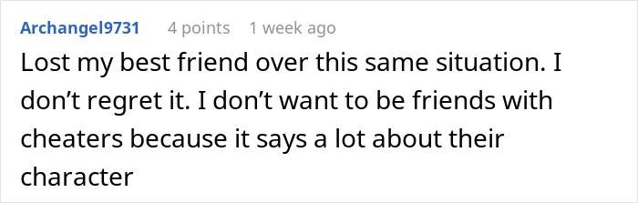 Screenshot of a confession about exposing a best friend&rsquo;s affair to her boyfriend, discussing trust and character in friendship.