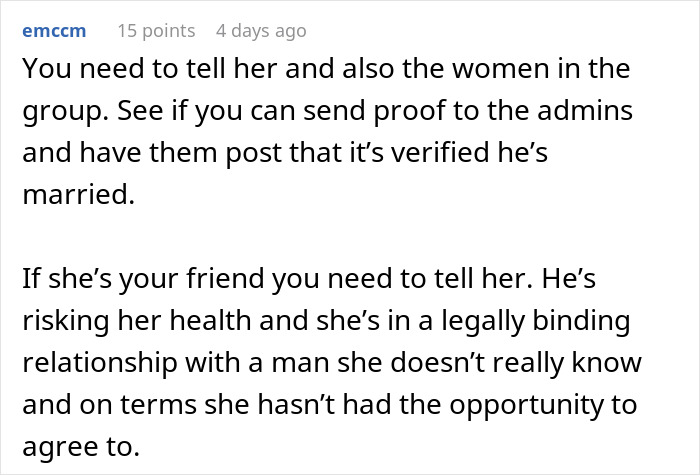 Screenshot of advice urging to warn a friend about her husband dating the same guy to protect her health and legal rights.