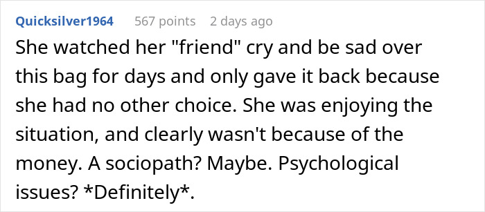 Comment discussing a woman ending a 15-year friendship after a purse incident involving emotional distress and psychological issues.