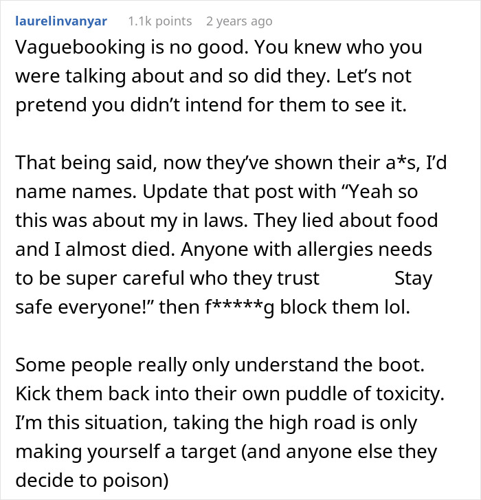 Screenshot of a social media post discussing a woman accusing her brother-in-law of causing anaphylactic shock by lying about lunch ingredients.