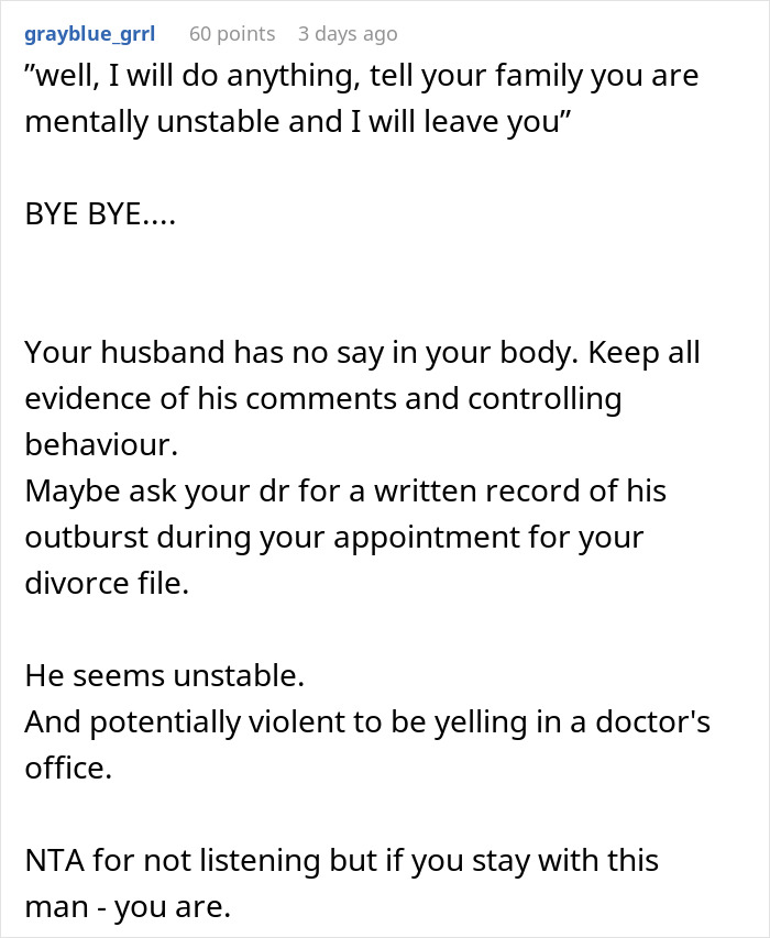 Comment discussing husband giving wife an ultimatum over plastic surgery and controlling behavior advice.