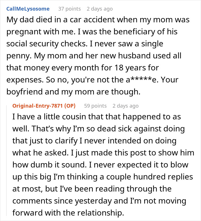 Reddit comments discussing a woman&rsquo;s boyfriend eyeing her son&rsquo;s survivor benefits and trust issues in their relationship.
