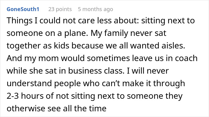Screenshot of a Reddit comment discussing experiences of sitting next to someone on a plane and family seating preferences.